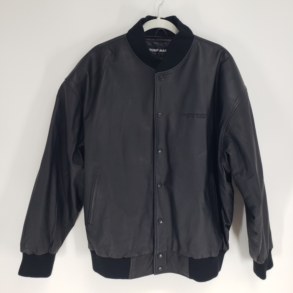 Vintage Trump Marina Leather Bomber Jacket Men XL Black Casino Resort Snap Front